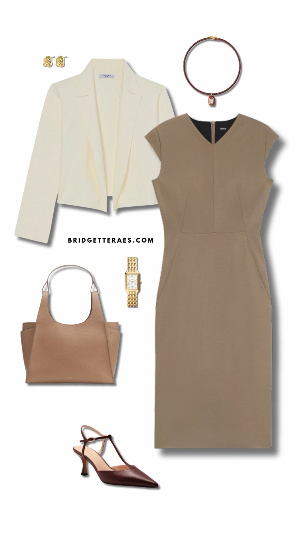 A tailored look that balances structure with soft sophistication, this outfit pairs a neutral taupe sheath dress with a cropped ivory blazer for a modern yet professional silhouette. The warm tones are carried through with burgundy slingback heels and a coordinating leather necklace, while a structured tote and gold watch add polish and functionality. Subtle knot studs complete the ensemble, making it perfect for a polished day in the office or a professional event where quiet confidence speaks volumes.

#LTKWorkwear #LTKootd #LTKFindsUnder100