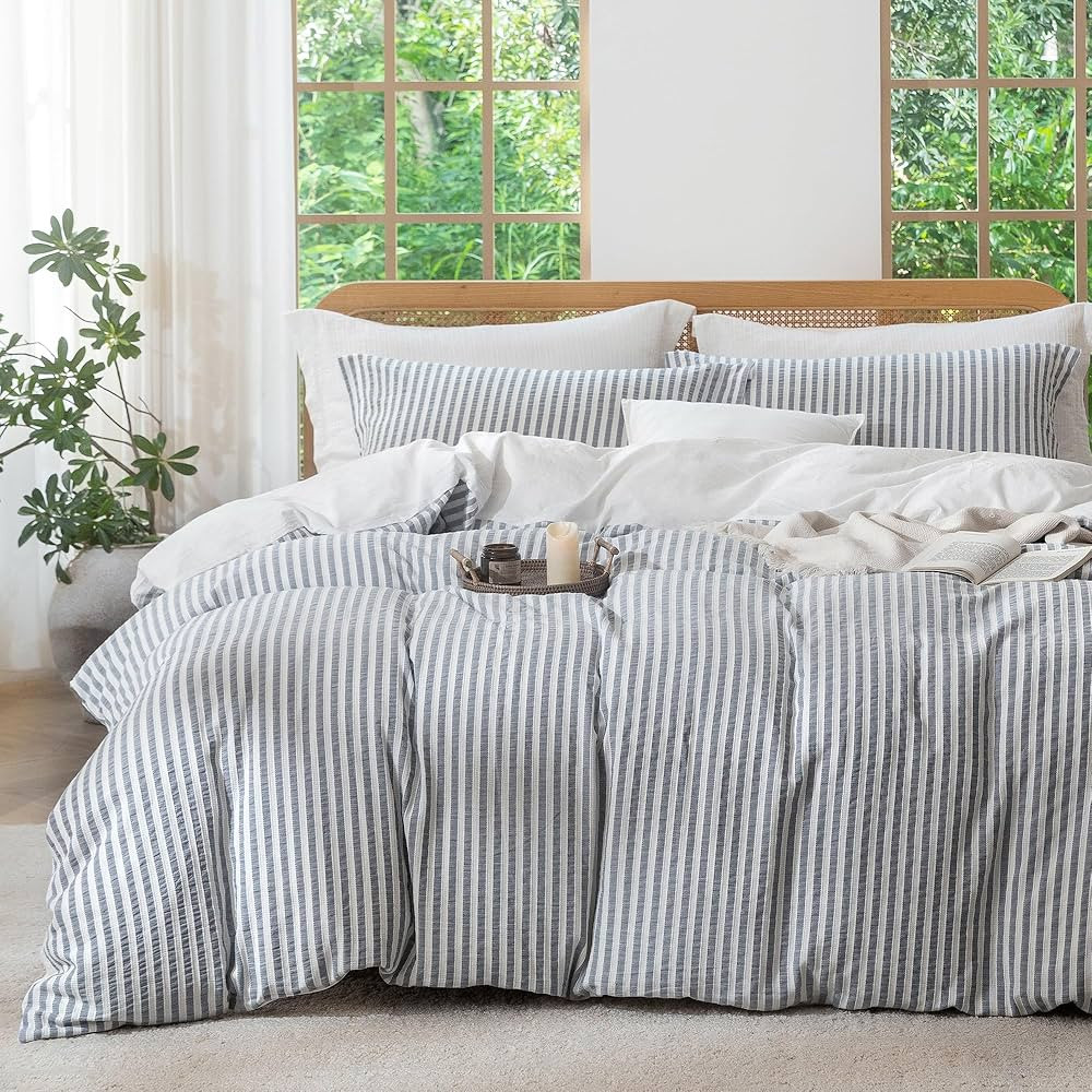 MILDLY Boho Duvet Cover Set - 100% Washed Cotton Charcoal Grey Jacquard Stripe Textured Comforter... | Amazon (US)