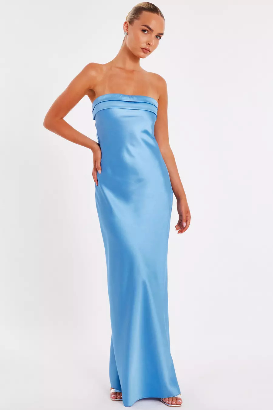 Blue Satin Bandeau Midaxi Dress | Quiz Clothing