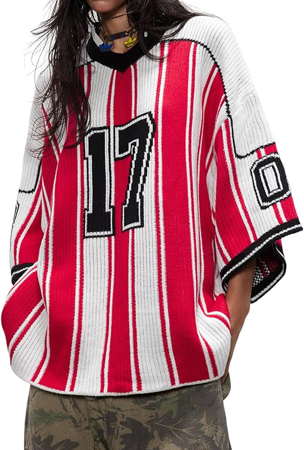 Aelfric Eden Oversized Sweaters Number Stripe Graphic Unisex Baggy Three-Quarter Sleeve Football ... | Amazon (US)