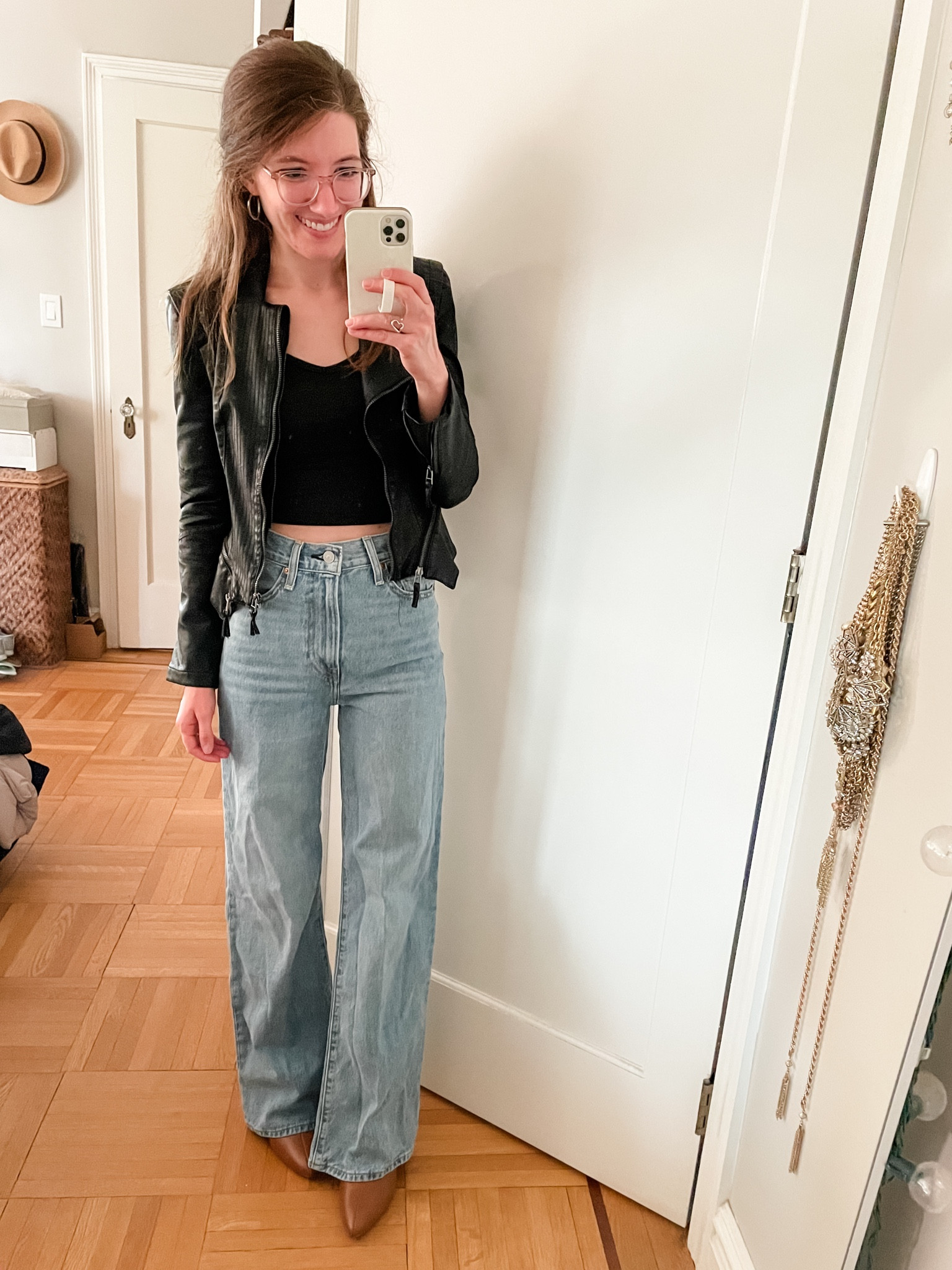 Faux leather jacket: TTS
Cropped tank: TTS
Wide leg jeans: TTS
Pointed Toe Booties: TTS

#LTKshoecrush #LTKfindsunder50 #LTKHoliday