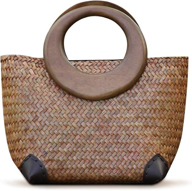 Hand-woven Womens Straw Boho Handbag Bag for Women, Summer Beach Rattan Tote Travel Bag with Wood... | Amazon (US)