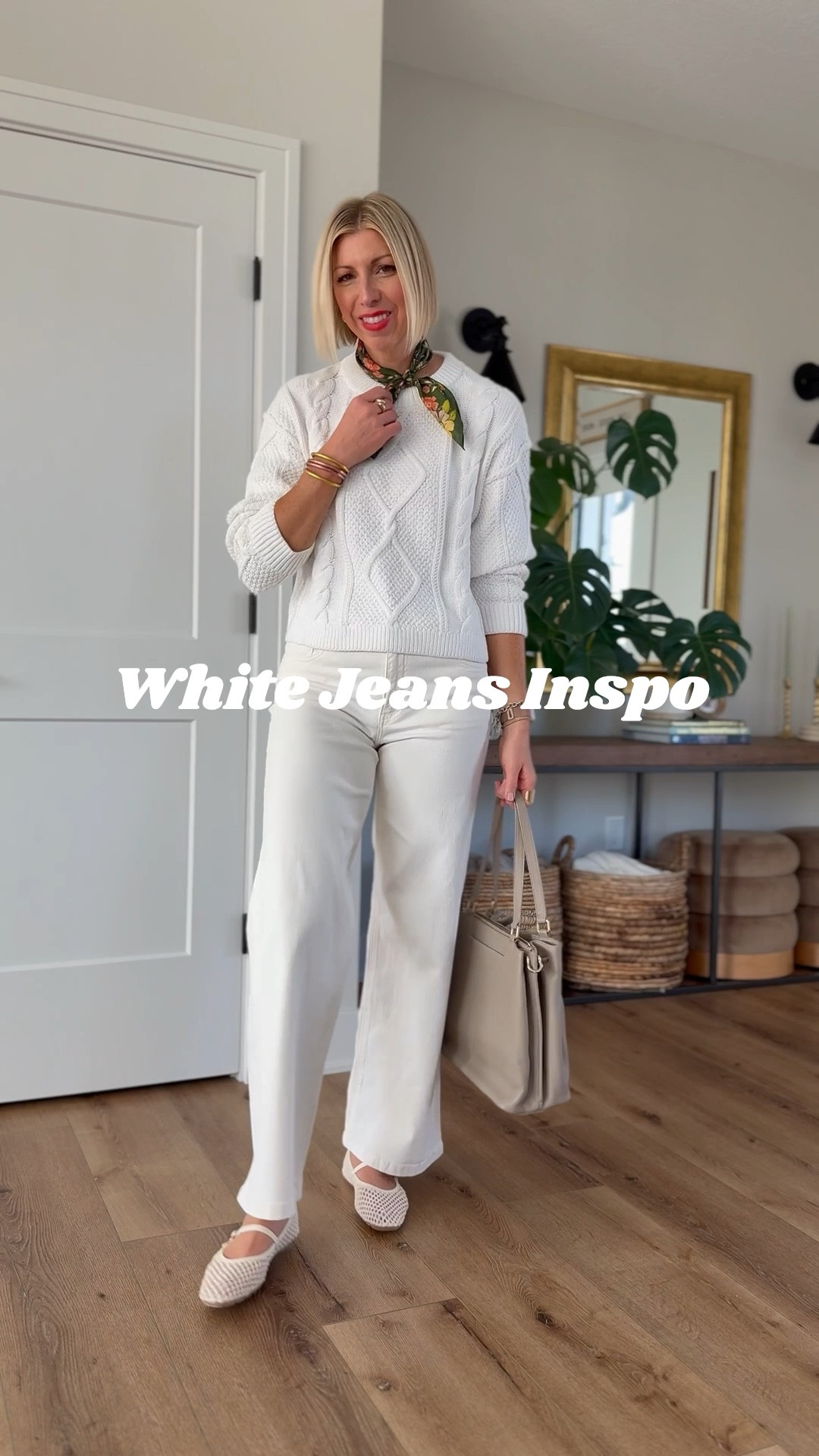 Monochrome white looks so chic for spring! Add a pop of color with a neck scarf or bold red lip! 
wearing my tts 28 in the jeans + size small in the 100% cotton sweater 🤍

#LTKOver40 #LTKWatchNow #LTKFindsUnder100