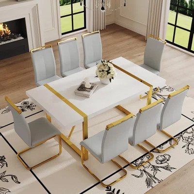 71" Modern Dining Room Table Set, High Gloss Kitchen Table With Chairs, Faux Leather Seats With Gold Metal Legs | Wayfair North America