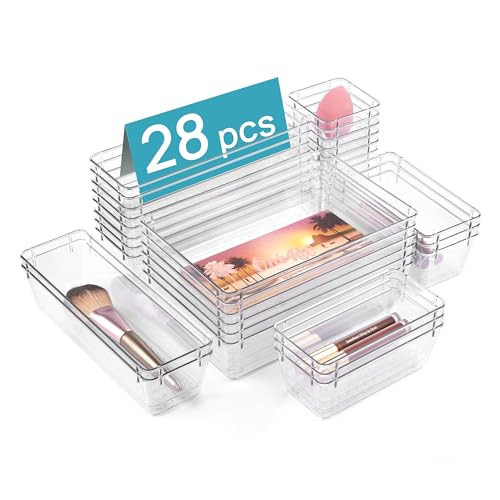 Vtopmart 28 PCS Clear Plastic Drawer Organizers Set, 4-Size Bathroom and Vanity Drawer Organizer Trays, Acrylic Storage Bins for Toiletries, Makeup, Cosmetic, Kitchen Utensils, Tool, Gadgets | Amazon (US)