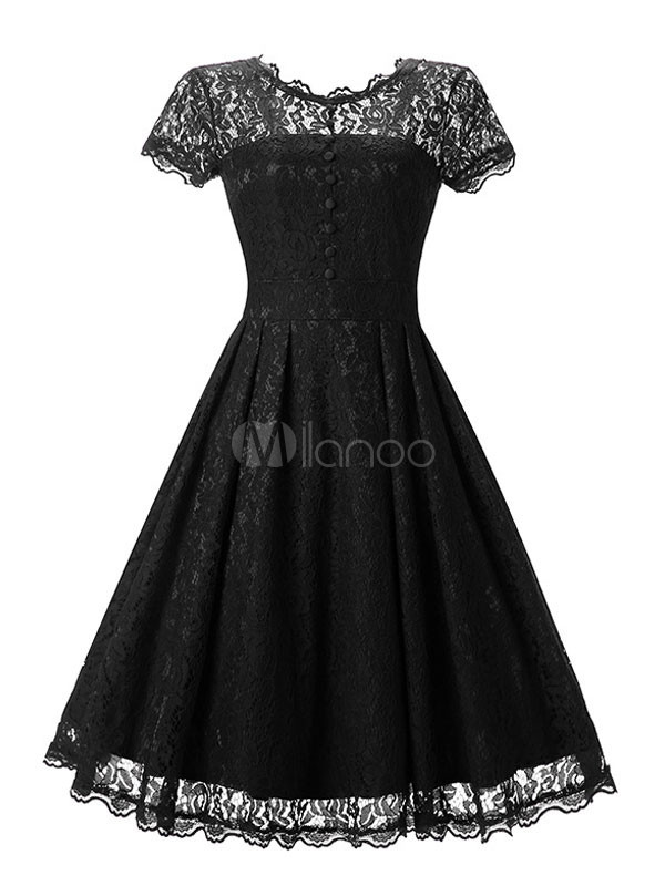 Black Lace Dress Round Neck Short Slim Fit Pleated Skater Dress For Women | Milanoo