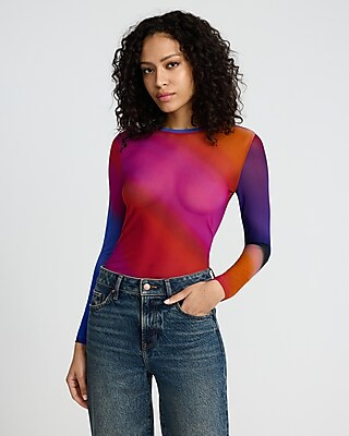 Ombre Mesh Crew Neck Long Sleeve Tee | Express