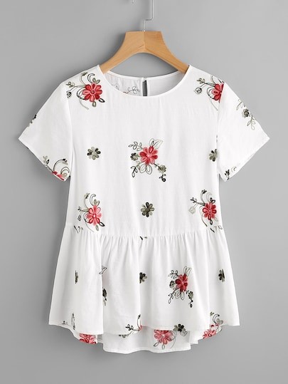 Flower Embroidered Keyhole Back Smock Top | SHEIN