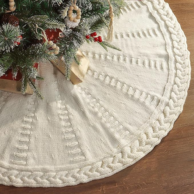 LimBridge Knitted Christmas Tree Skirt: 48 Inches Cream White Tree Skirt, Braided Cable Knit Thic... | Amazon (US)