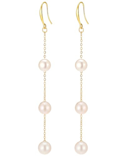Freshwater Pearl Drop Earrings for Women 18K Gold Plated Hypoallergenic Pearl Dangle Earrings 3.5’’ Long Pearl Earrings for Women Bridal Wedding Everyday Jewelry (White) | Amazon (US)