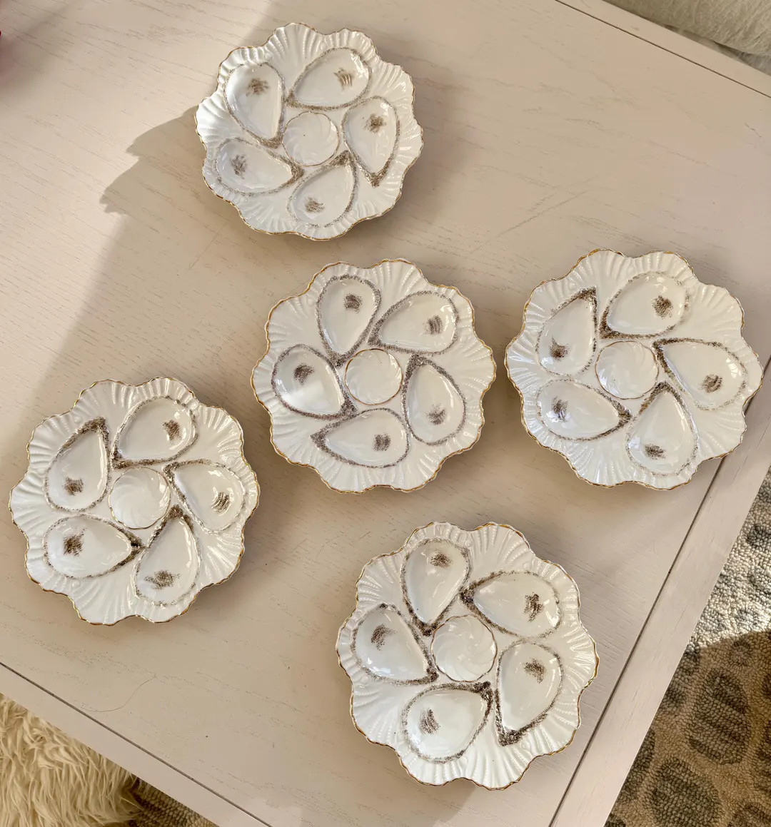 Set of 5 antique (5 wells plus one lemon/sauce well) oyster plates | Etsy (US)