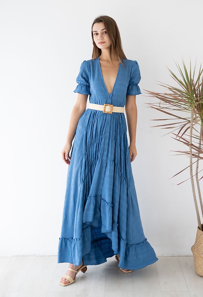 Deep V-Neck Embossed Asymmetric Hem Maxi Dress in Blue | Chicwish