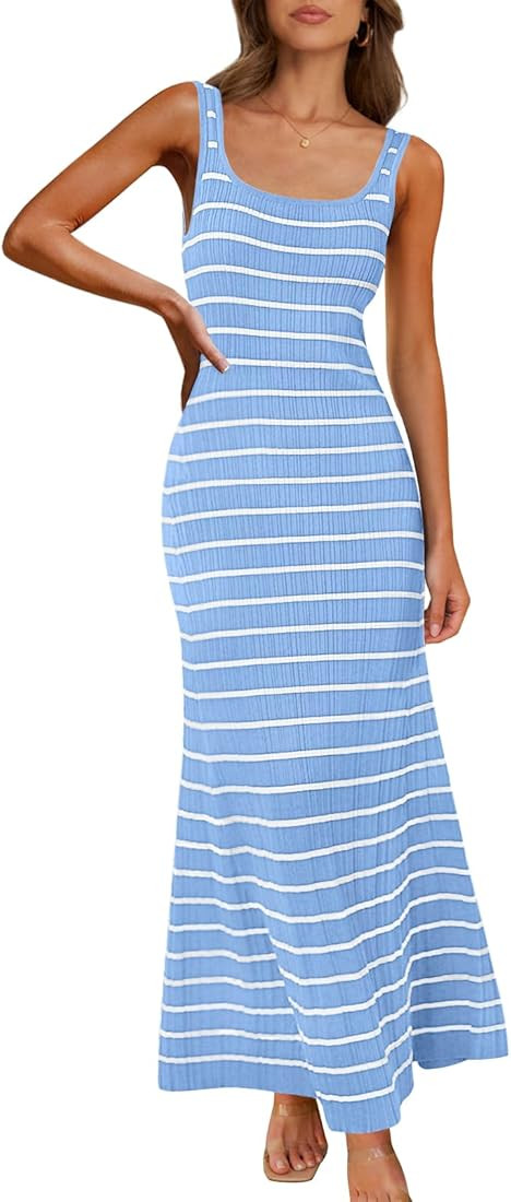 MEROKEETY Women's 2025 Sleeveless Striped Bodycon Maxi Dress Square Neck Ribbed Knitted Tank Swea... | Amazon (US)