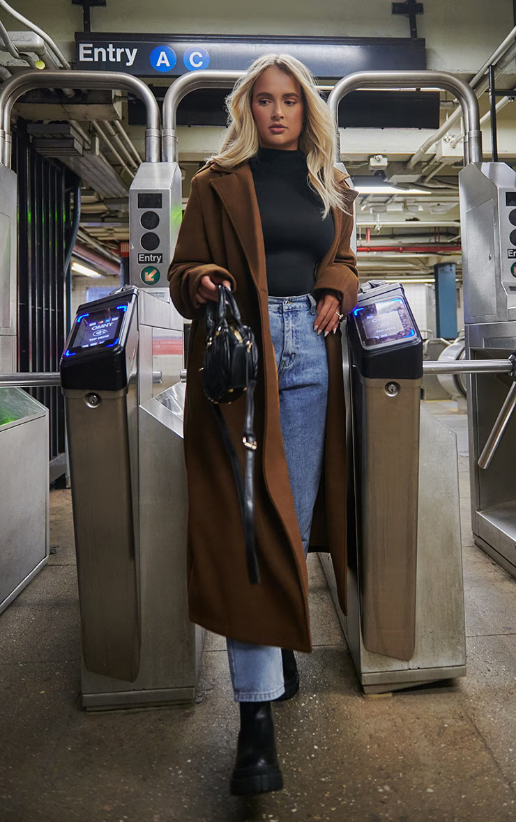 Chocolate Longline Wool Look Coat | PrettyLittleThing UK