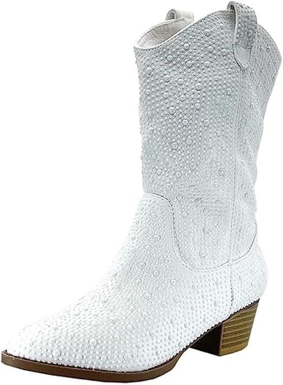Forever Girls/Kids Rhinestone Western Cowgirl Cowboy Pointed Toe Low Heel Boots | Amazon (US)