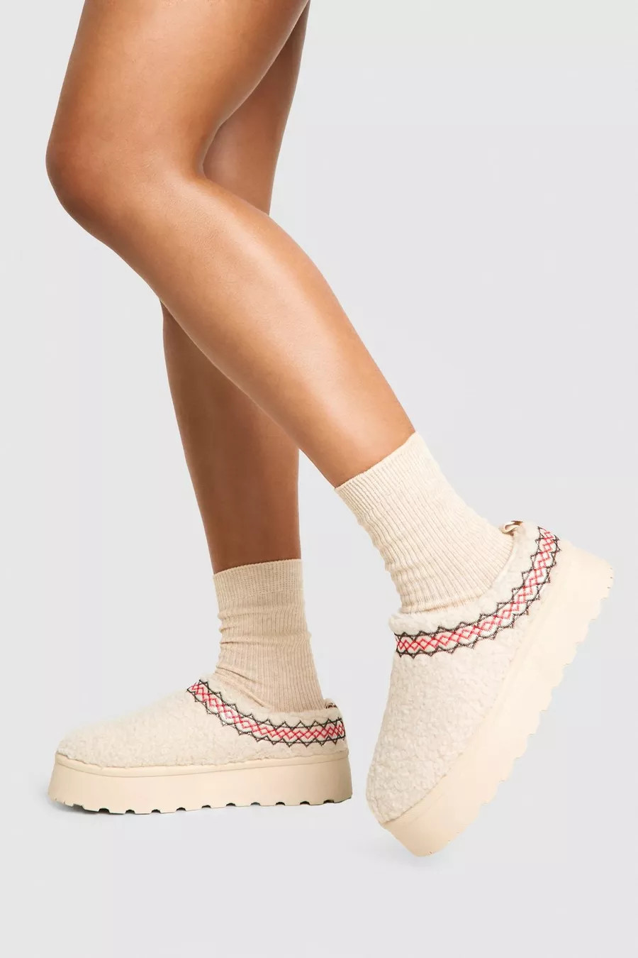 Borg Embroidered Detail Cosy Mules | boohoo (US & Canada)