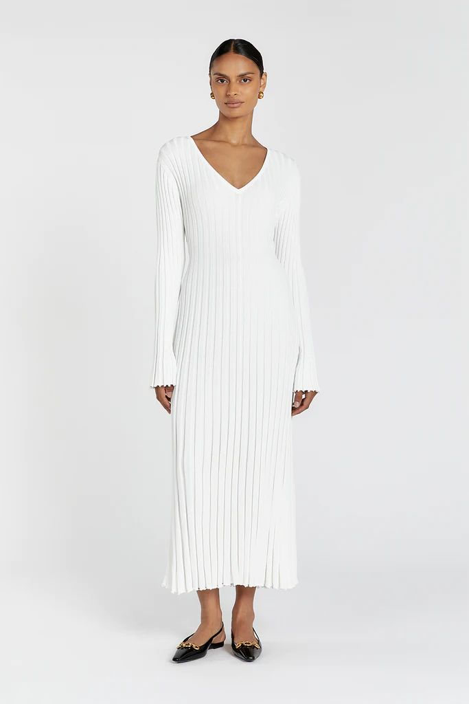 REIGN WHITE SLEEVED KNIT MIDI DRESS | DISSH