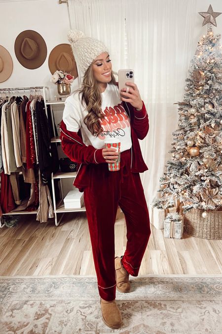 Christmas graphic tee and red burgundy velvet matching pajama set. Use code ASHLEYBF for Black Friday for 35% off and ASHLEYCM for 35% off on cyber Monday!! 

#LTKCyberweek #LTKSeasonal #LTKHoliday