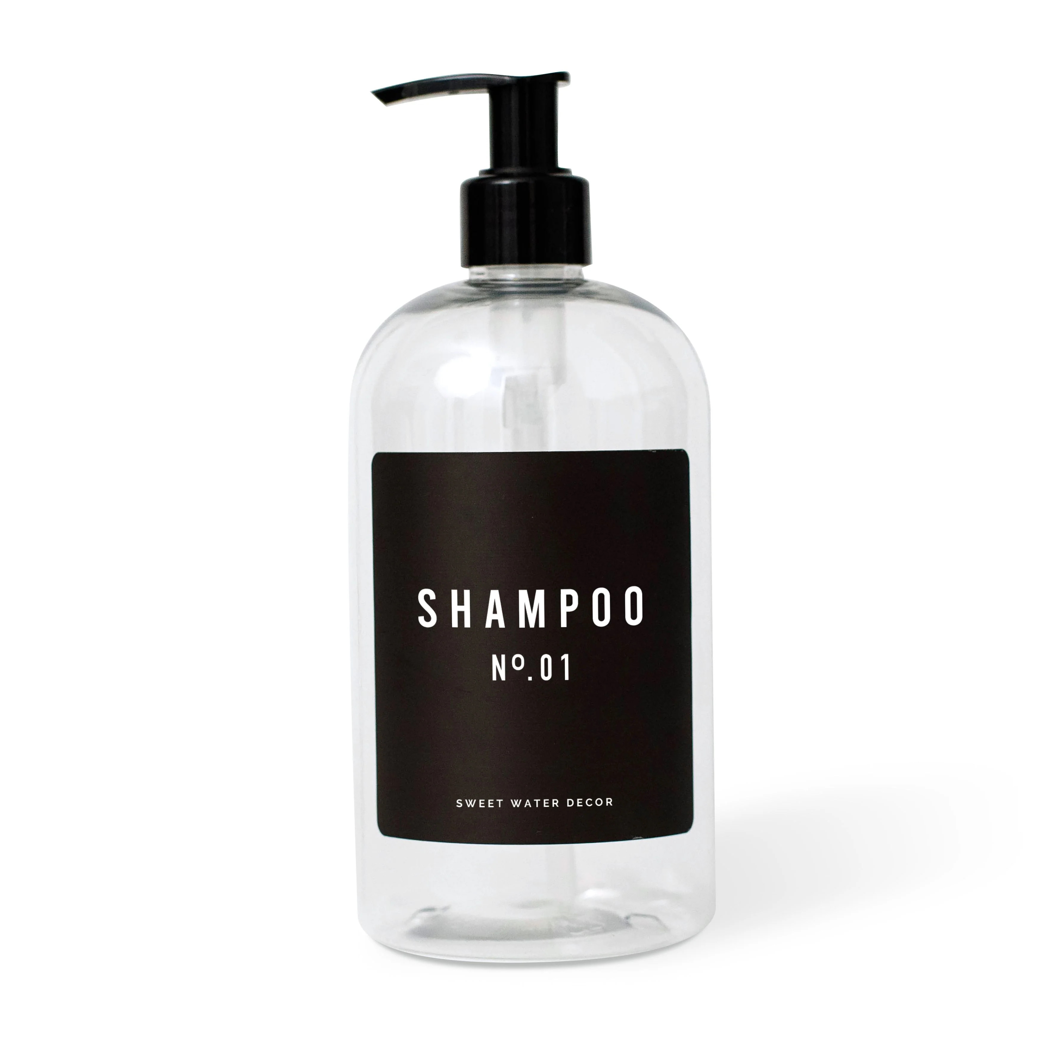 16oz Clear Plastic Shampoo Dispenser - Black Label | Sweet Water Decor, LLC