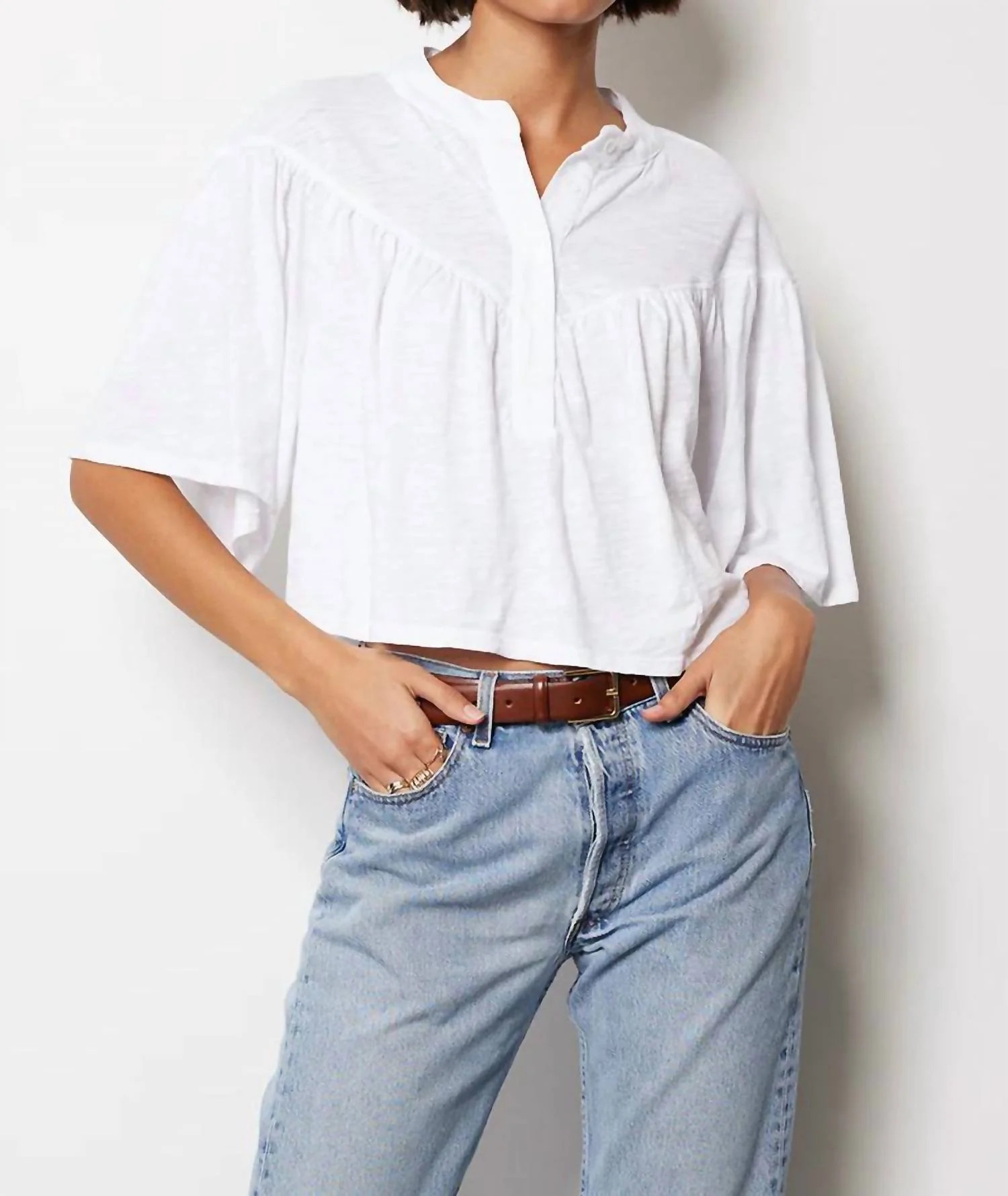 Blake Boho Henley Blouse In White | Shop Simon