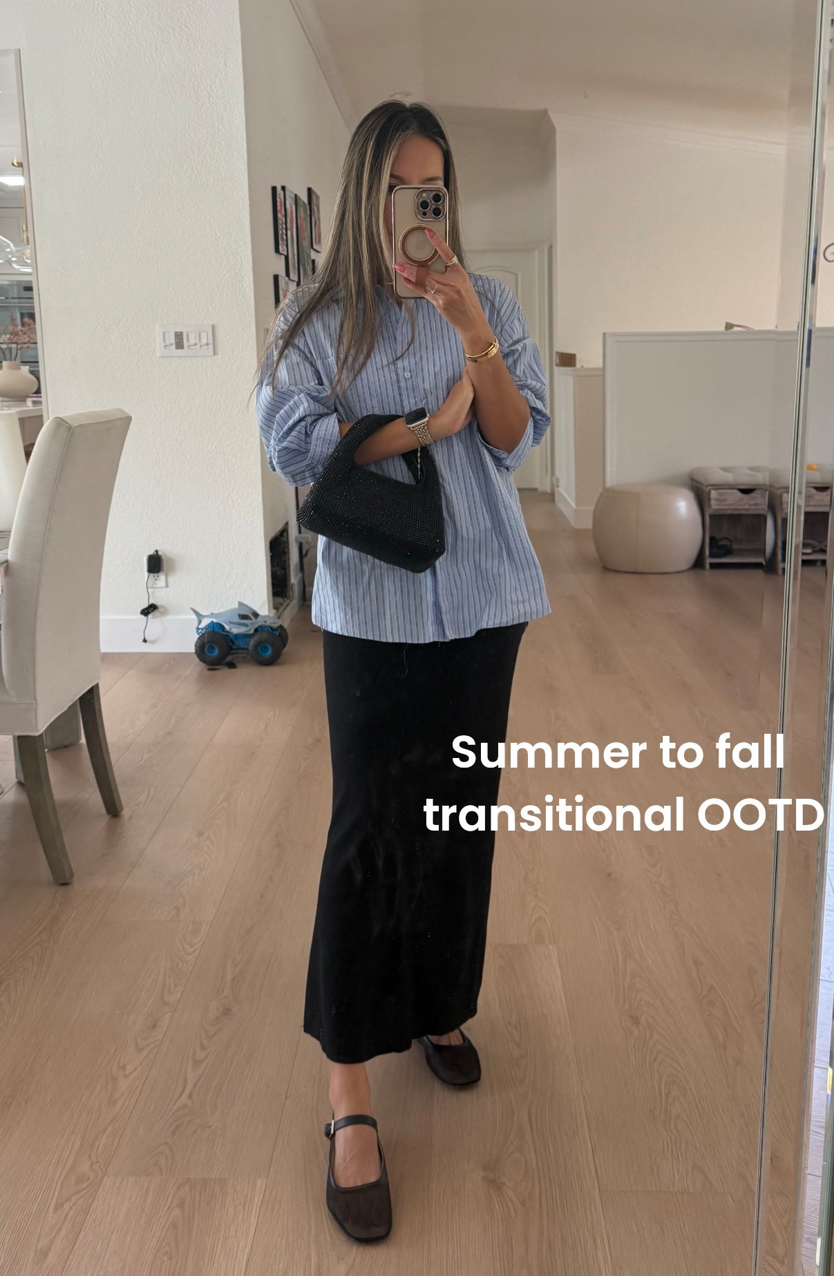 Over-sized blue stripes cotton button down shirt and a-line maxi skirt. Mesh Mary Janes ballet flats for today summer to fall transitional OOTD. Easy and comfy classic outfit. 

#LTKStyleTip #LTKItBag #LTKShoeCrush