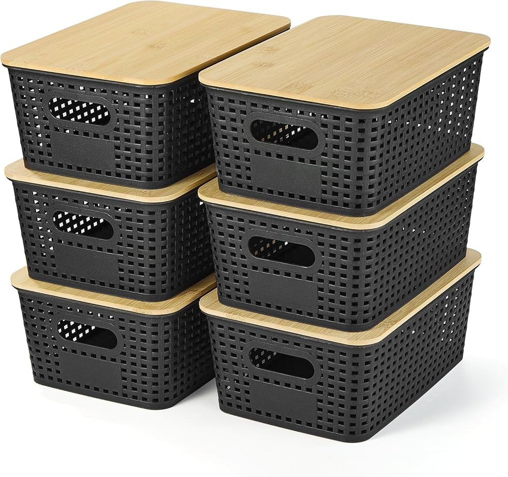 Plastic Storage Baskets With Bamboo Lid - Plastic Storage Containers Stackable Storage bins: Stor... | Amazon (US)