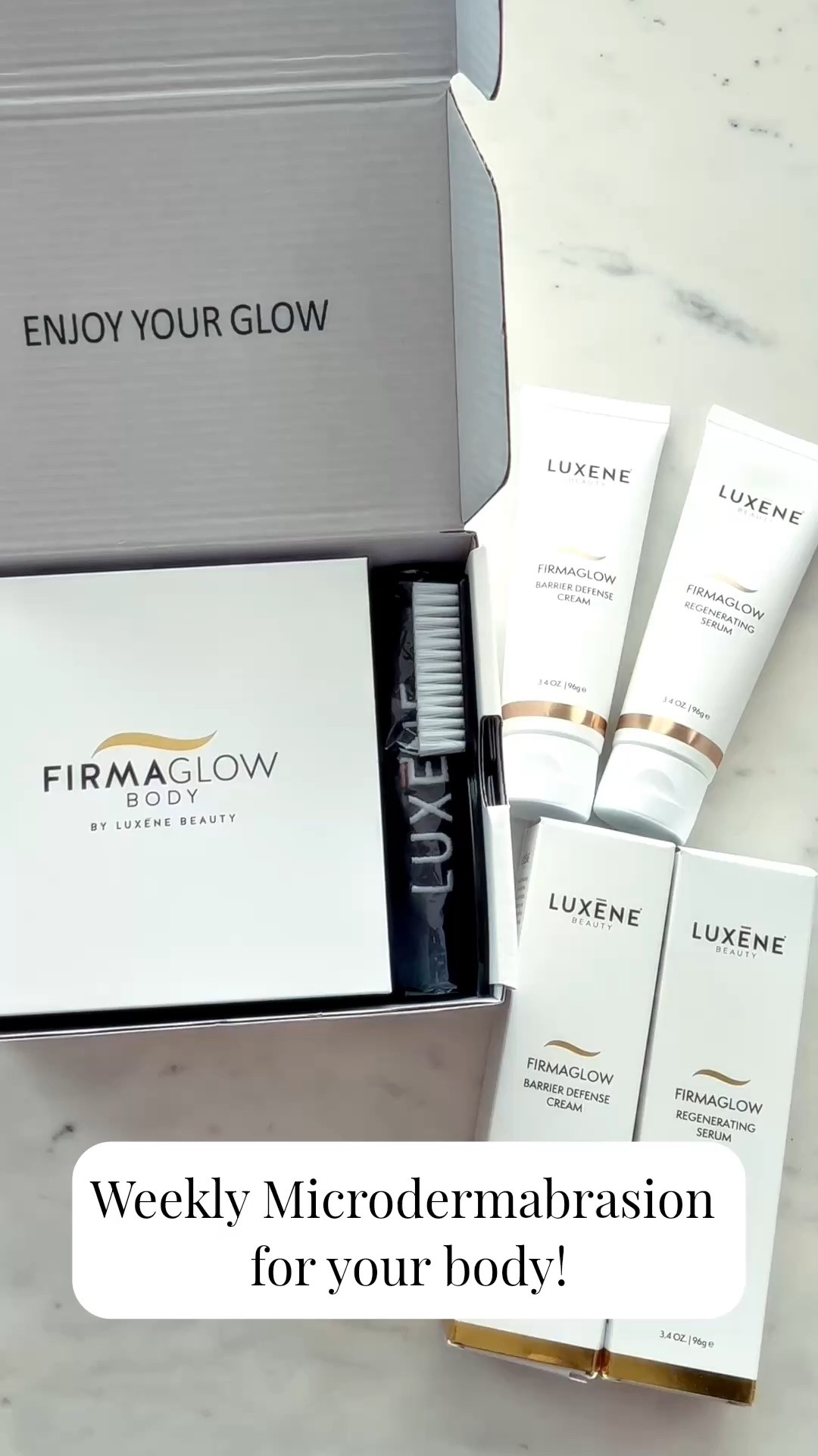 😍LUXENE BEAUTY: #ad Weekly Microdermabrasion for your body from the comfort of your home! @luxenebeauty #luxenebeauty

It's more than a light exfoliation, it's microdermabrasion. This tool works with a diamond-embedded surface that won't wear out. It gives professional quality microdermabrasion results by resurfacing the skin and promoting healthy cell renewal. Awesome on your legs too!

😍Resurfacing your skin removes dull, dry buildup so hydration can sink in deeper. The serum floods skin with hydration and cream seals and protects to maintain smooth skin.

😍STEP 1: RESURFACE WITH FIRMAGLOW BODY MICRODERMABRASION TOOL

Weekly resurfacing with a diamond-coated surface buffs away dry, rough skin. Reveals fresh, touchably soft skin and primes the body for maximum hydration. Results you can feel after one use. Rub across your skin in a circular motion. 

😍STEP 2: HYDRATE & BRIGHTEN WITH FIRMAGLOW REGENERATING SERUM

Concentrated hydration when your skin needs it most. This lightweight serum drenches skin in hyaluronic acid, niacinamide, ceramides, and peptides, restoring balance after resurfacing. Leaves skin luminous, smooth, and resilient.

😍STEP 3: SEAL & PROTECT WITH FIRMAGLOW BARRIER DEFENSE CREAM

The final step. A rich cream powered by ceramides, squalane, beta-glucan, and multi-weight hyaluronic acid. Locks in hydration, strengthens the barrier, and comforts skin for 24 hours of softness and glow.

😍WHAT’S INSIDE THE FIRMAGLOW BODY RENEWAL SYSTEM: 
•Body Microdermabrasion Tool
•FIRMAGLOW Regenerating Serum
•FIRMAGLOW Barrier Defense Cream 
•Luxene Beauty Towel and Cleaning Brush

😍Remember, this is for the neck down to your legs. Not to be used on your face.

@Luxene Beauty

#LTKBeauty #LTKselfcare #LTKHome