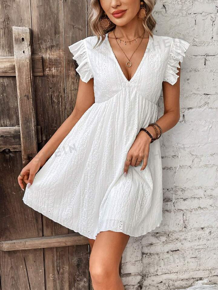 SHEIN Frenchy V-Neck Eyelet Embroidered Dress | SHEIN