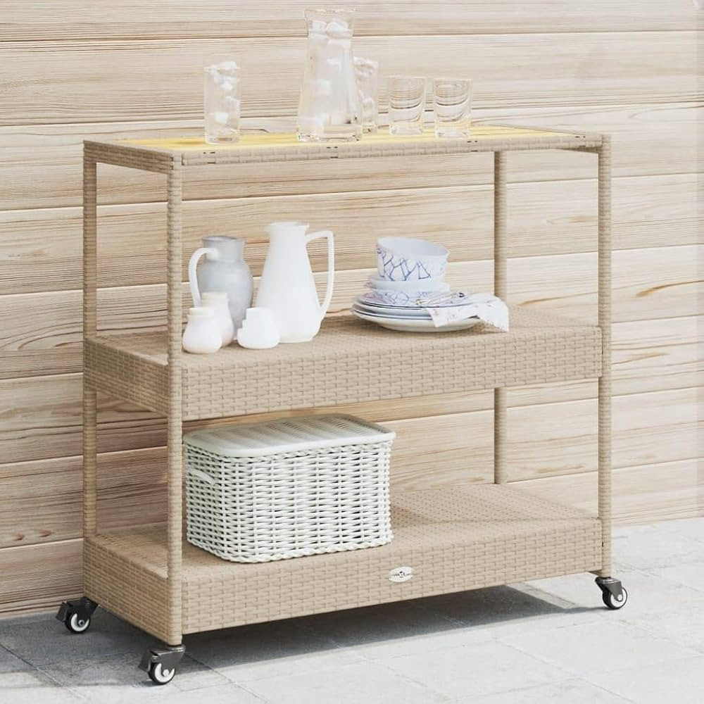 Bar Cart 3-Tier Beige Poly Rattan and Solid Wood Acacia,Versatile Bar Cart with Ample Storage for... | Amazon (US)