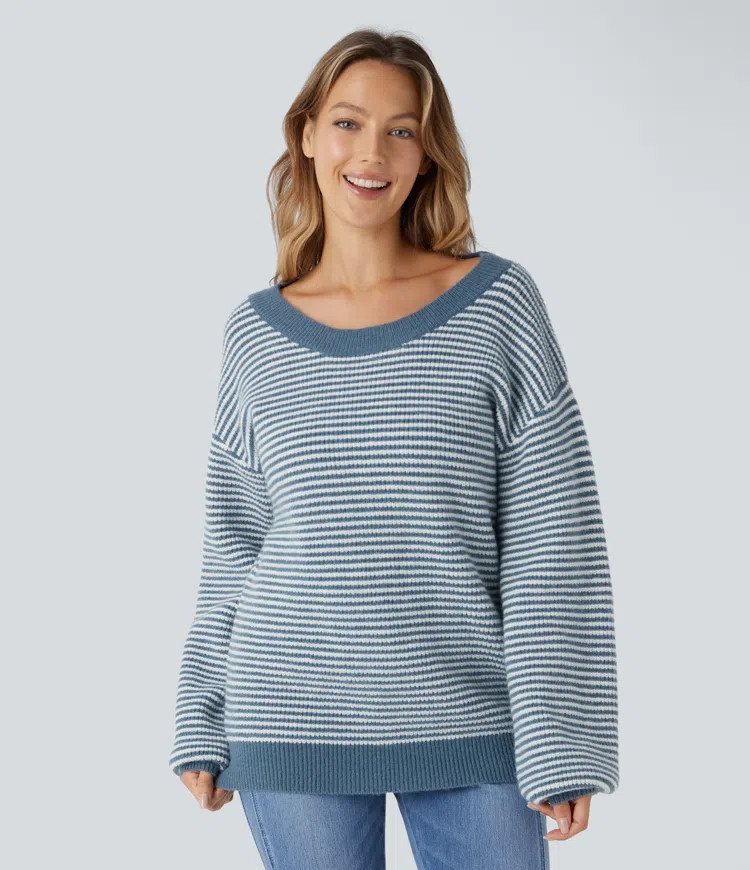Women’s Scoop Neck Dropped Shoulder Color Block Stripe Relax Casual Sweater - Halara | HALARA