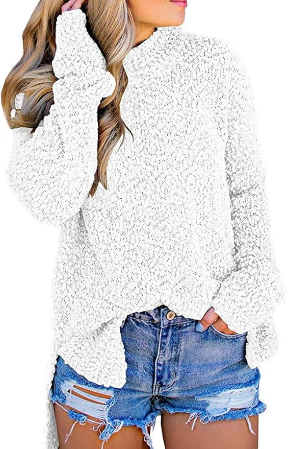 Imily Bela Womens Fuzzy Knitted Sweater Sherpa Fleece Side Slit Full Sleeve Jumper Outwears | Amazon (US)