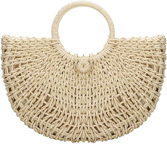 Straw Bags for Women, Large Hand-woven Straw Bag Round Handle Ring Tote Retro Summer Beach Bag | Amazon (US)