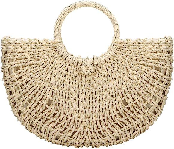 Straw Bags for Women, Large Hand-woven Straw Bag Round Handle Ring Tote Retro Summer Beach Bag | Amazon (US)