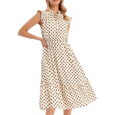 INSPIRE CHIC Women's Polka Dot Summer Ruffle Sleeve Tie V Neck Casual Beach Vacation Midi Dresses X-Small Apricot | Target