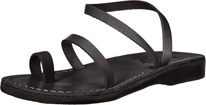 Ella - Leather Ankle Strap Flat Sandal - Black | Amazon (US)