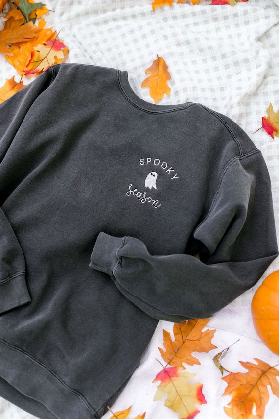 Spooky Season Comfort Colors Halloween Ghost Black Embroidered Crewneck Sweatshirt or T-shirt, PS... | Etsy (US)