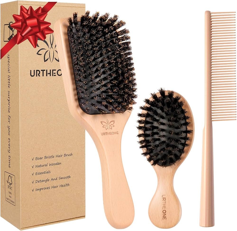 URTHEONE Pure Boar Bristle Hair Brush Set with Wide-Tooth Comb,Natural Beechwood Detangling Kit f... | Amazon (US)