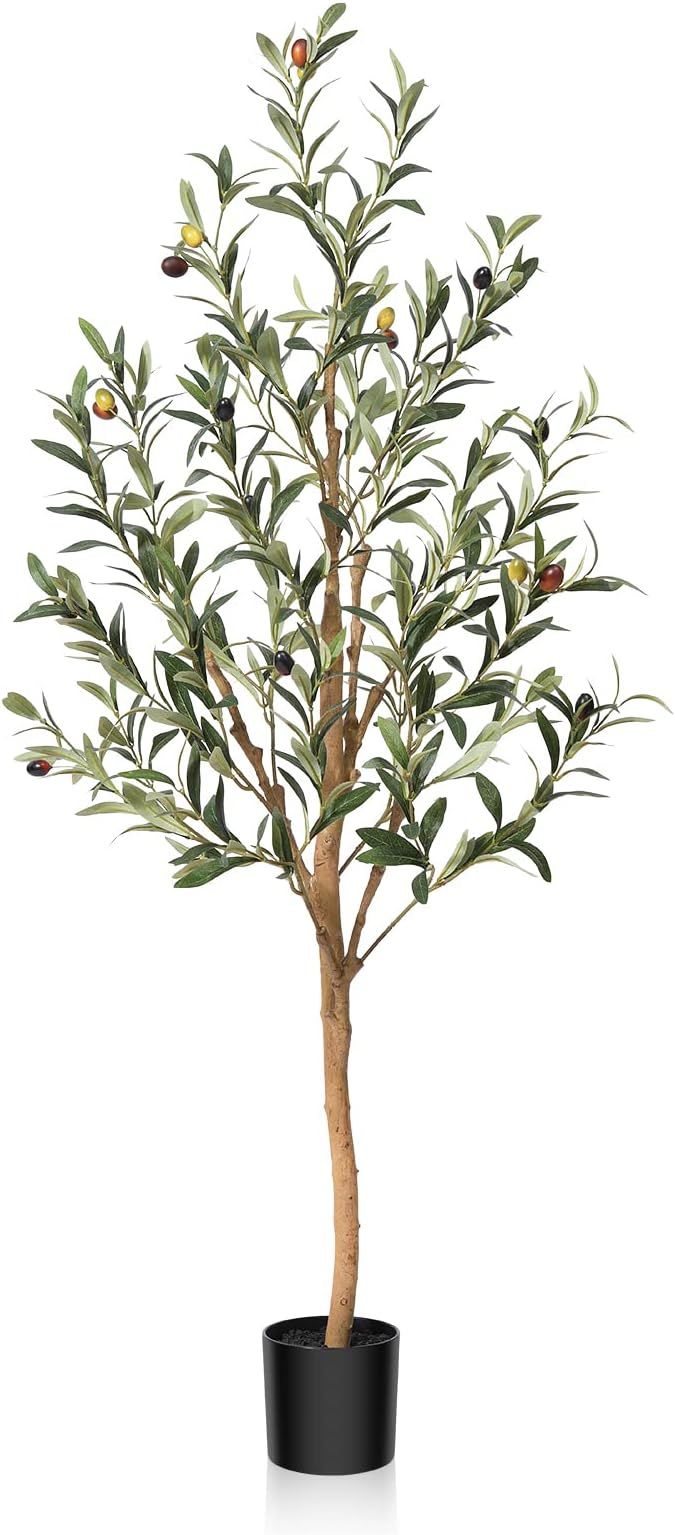 Artificial Olive Tree, 4FT Tall Faux Silk Plant with Natural Wood Trunk and Lifelike Fruits for H... | Amazon (US)