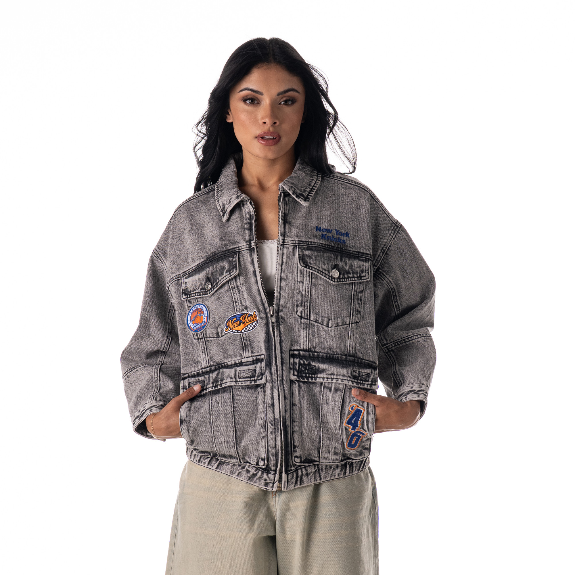 Women's The Wild Collective  Gray New York Knicks Oversized Cargo Denim Jacket | Fanatics