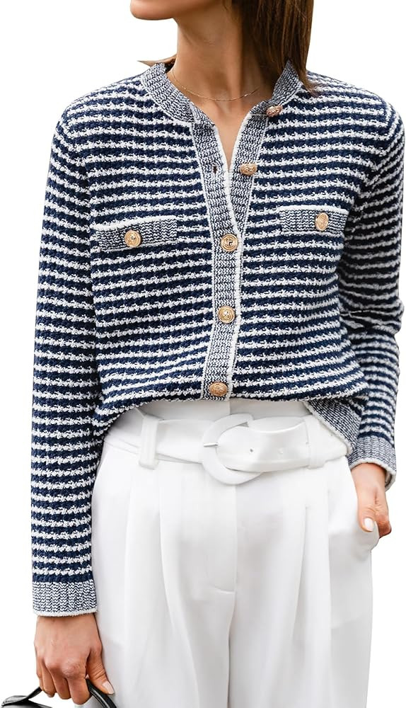 ANRABESS Women's Striped Cardigan Sweaters Casual Long Sleeve Open Front Button Down Knit Cropped... | Amazon (US)