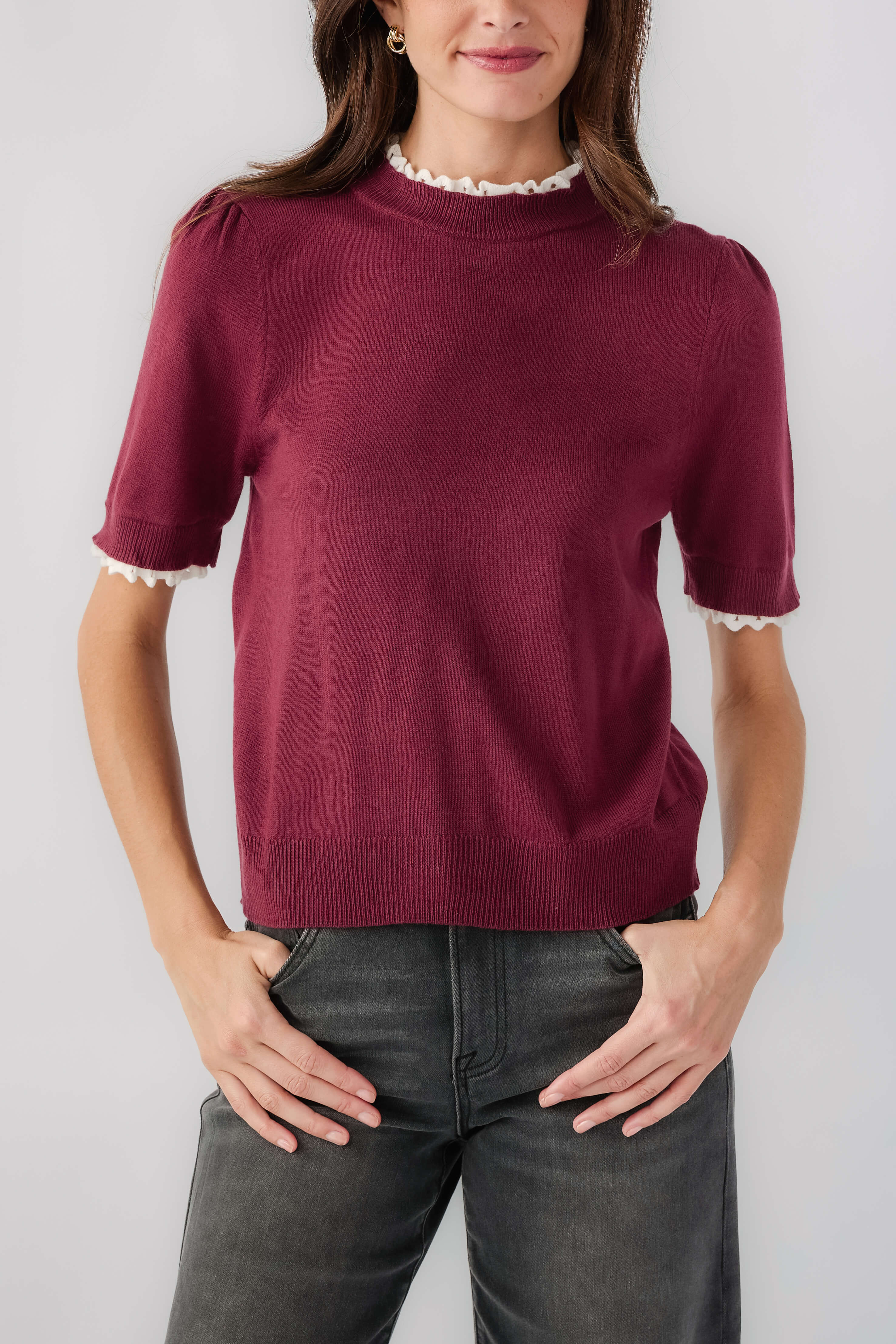 Lalavon Lace Trim Mock Neck Knit Top | Social Threads