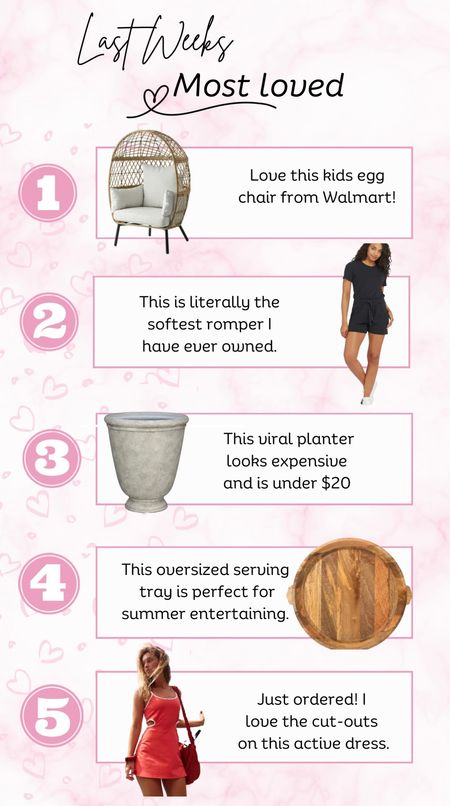 Last weeks best sellers
Walmart egg chair
Walmart planter
Target oversized serving board
Spanx romper
Free people active dress 