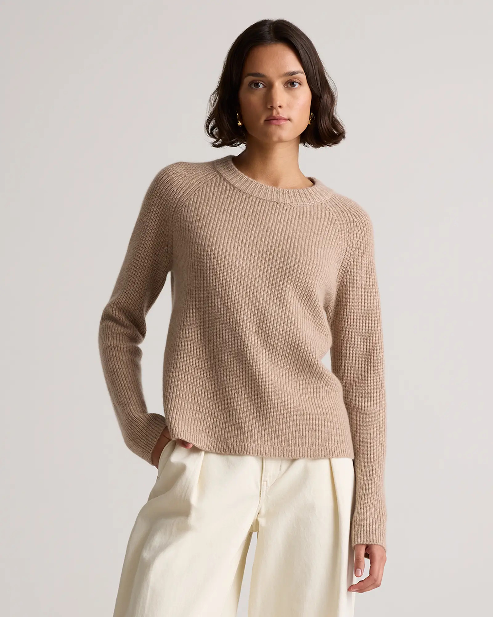 Mongolian Cashmere Fisherman Crewneck Sweater in Oatmeal | Quince