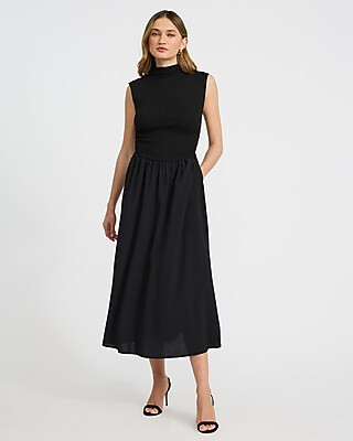 Mixed Media Mock Neck Drop Waist Midi Dress with Pockets | Express