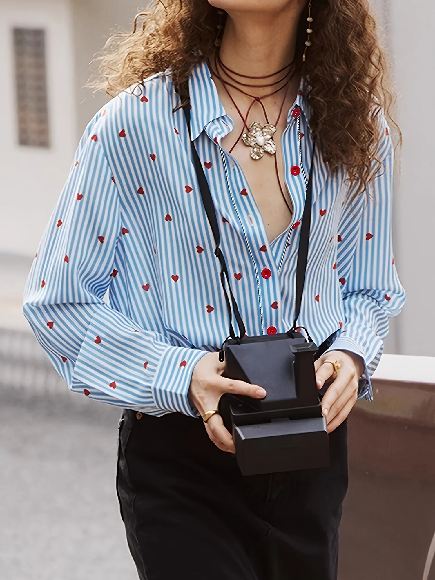 Striped Heart Print Collared Long Sleeves Shirt | allegra-k