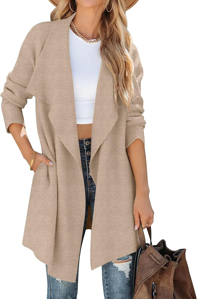 Women's 2023 Casual Lapel Cardigan Long Sleeve Open Front Irregular Hem Soft Knitted Sweater Coat wi | Amazon (US)