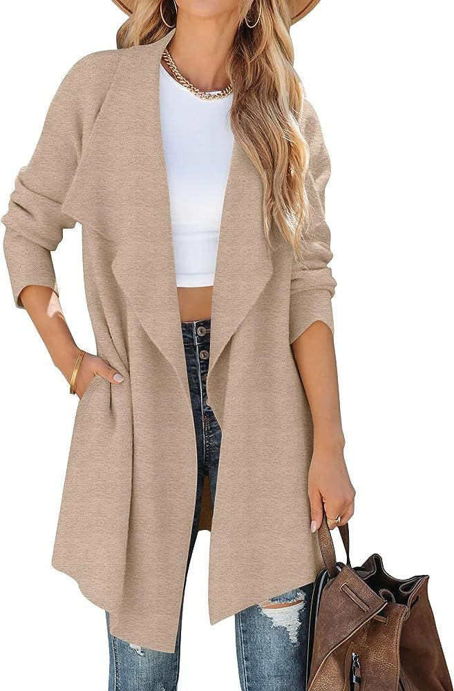 Women's 2023 Casual Lapel Cardigan Long Sleeve Open Front Irregular Hem Soft Knitted Sweater Coat wi | Amazon (US)