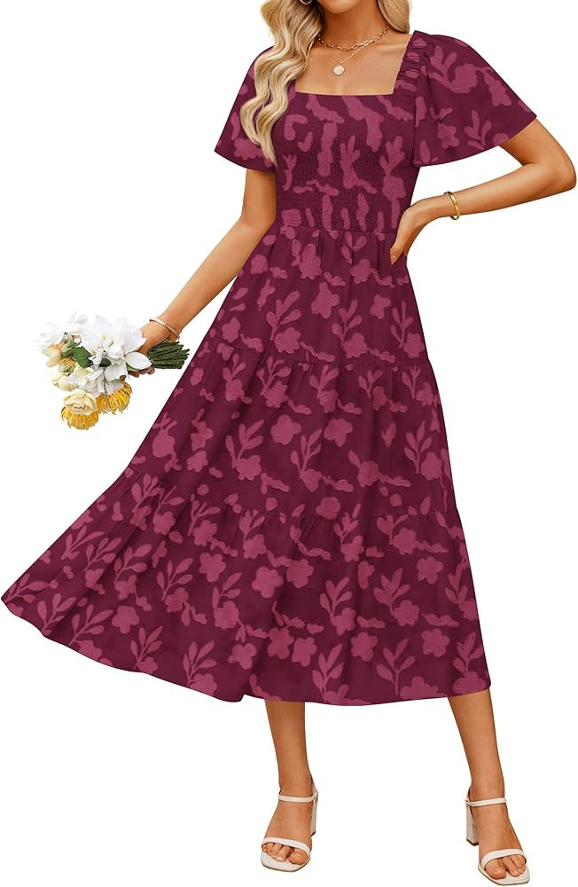 ZESICA Women‘s Summer Boho Floral Midi Dresses 2025 Casual Short Sleeve Square Neck Flowy Beach... | Amazon (US)