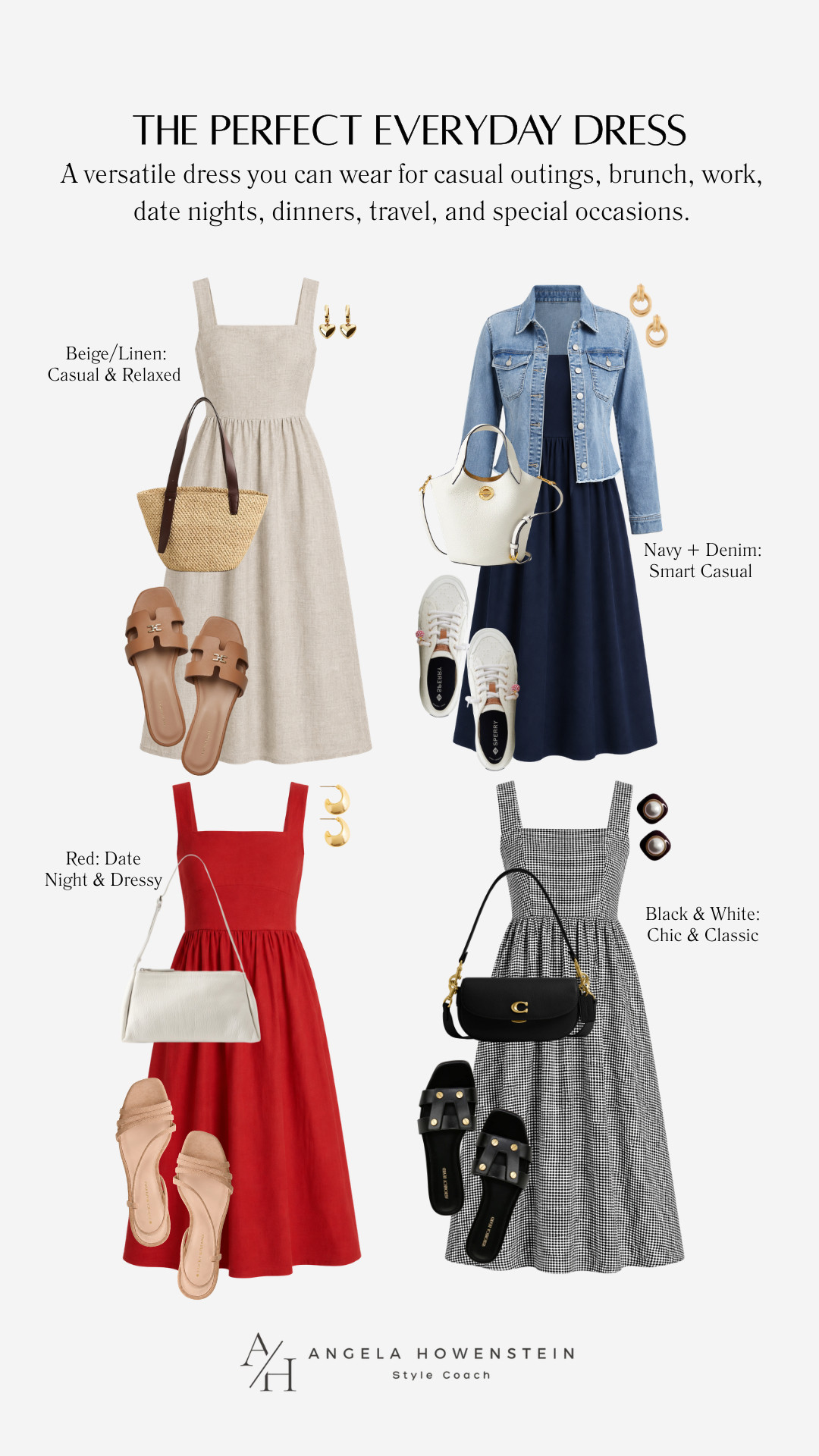 A truly versatile dress is one you can style for almost anything. These four looks show just how much mileage you can get from a classic silhouette, from beige linen for casual days, to navy and denim for smart casual, red for date nights and dressier plans, and black and white for a chic, classic look. Add the right shoes, bag, and jewelry, and the same style of dress can take you from brunch to work, travel, dinner, and special occasions.

👩‍💻 LTK PRO TIPS
❤️ Heart = Support my posts ;-)
🔖 Save = Keep these outfit ideas handy when you're deciding what to wear.
📋 Lists = Organize your favorite dresses and styling pieces.
📲 Share = Send this to a friend who loves versatile wardrobe staples.
💬 Comment = Which look would you wear first: Beige, Navy, Red, or Black & White? 

 #LTKootd #LTKSeasonal #LTKOver40