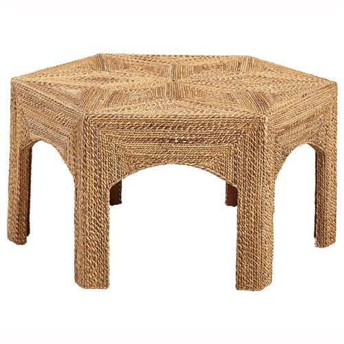 Xiomara Coastal Beach Brown Woven Mahogany Wood Hexagon Classic Coffee Table | Kathy Kuo Home